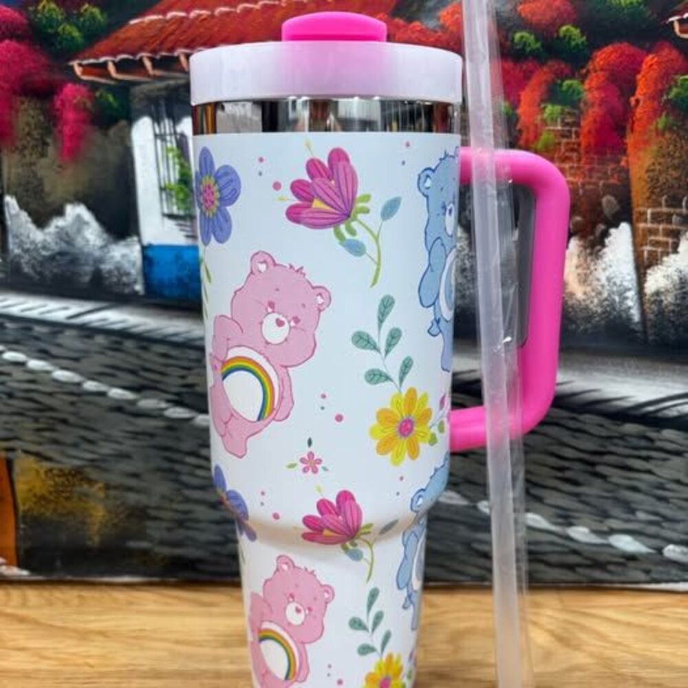 Care Bears–Inspired Floral 40 oz Tumbler with Pink Handle & Straw